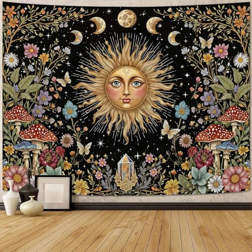 Boho Sun and Moon Tapestry Hippie Mushroom Floral Wall Tapestry for Bedroom Aesthetic Moon Phase Vintage Plant Celestial Large Tapestries Wall Hanging for Living Room Dorm 80 x 60 Inch