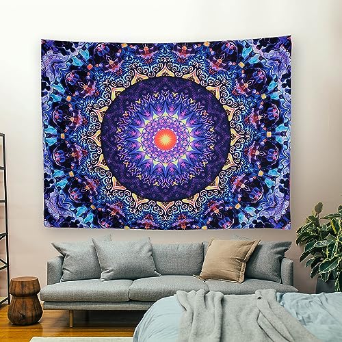 Blacklight Trippy Mandala Tapestry 59"x51" UV Reactive Fantasy Tapestry Aesthetic Wall Decor for Living Room Bedroom Boho Wall Hanging
