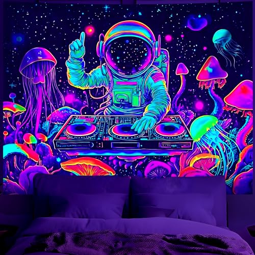 Blacklight Space Astronaut Tapestry UV Reactive Galaxy Planet Glow in Dark Tapestries Black Light Poster Neon Wall Hanging Art for bedroom Living Room