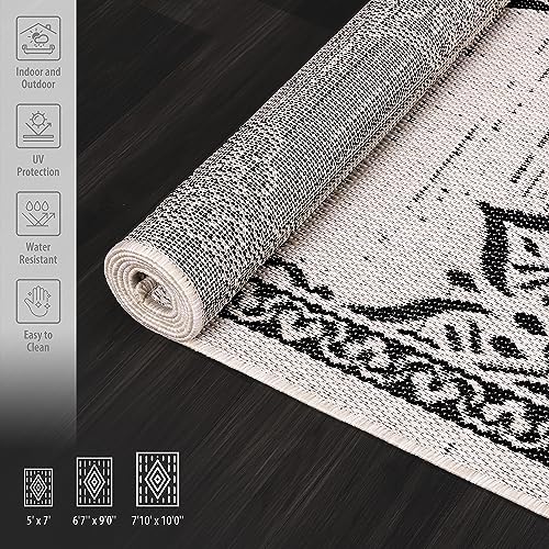 Outdoor Rug 8x10 Medallion White Black Modern Area Rugs for Indoor and Outdoor Patios