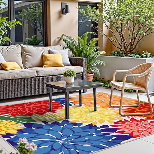 Outdoor Area Rug Washable Multicolored Patio Rug Tropical Botanical Modern Floral Outdoor Carpet Non (80 Sq Ft)