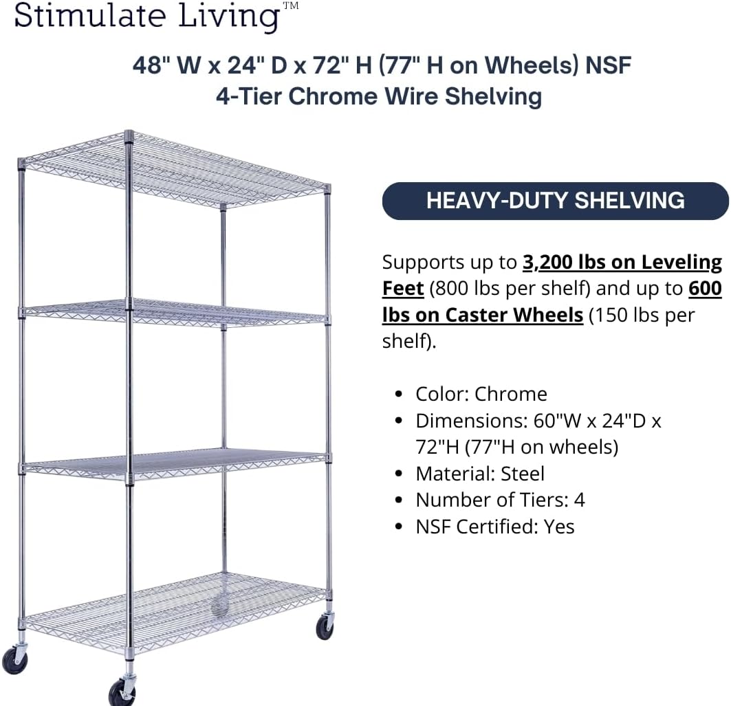 48"x24"x72" Prime Heavy Duty Chrome 4-Tier Wire Shelving NSF 3200 LBS MAX Capacity Storage Rack for Commercial, Hospital, School, Garage, and Kitchen Uses (with Wheels) - NestledHome