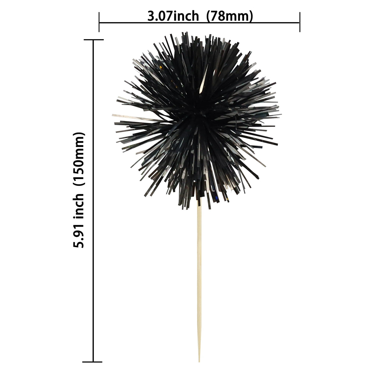 30Pcs Foil Firework Cupcake Toppers Sparkle Tinsel Cupcake Picks Happy Birthday Cake Decorations Drink Stirrers Cocktail Food Fruit Toothpicks for Baby Shower Graduation Party Supplies Black (30 Count)