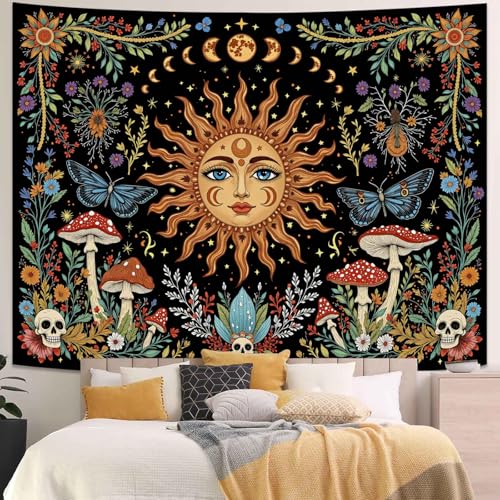 Celestial Sun Mushroom Skull Wall Tapestry