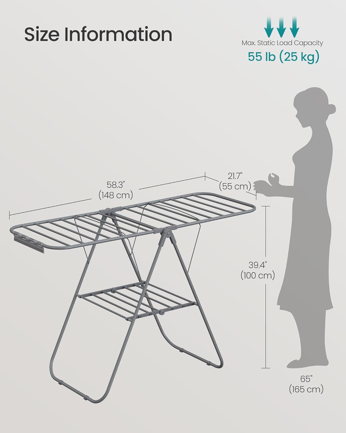 SONGMICS Clothes Drying Rack, with Sock Clips, Metal Laundry Rack, Foldable, Space-Saving, Free-Standing Airer, with 2 Height-Adjustable Gullwings, Indoor Outdoor Use, Gray ULLR052G01 - NestledHome