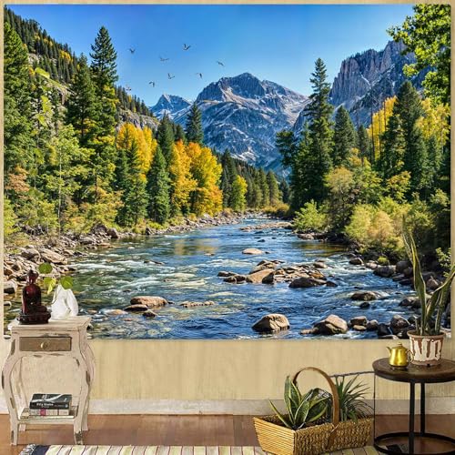 Nature Forest Mountain Tapestry Green Pine Tree Tapestry for Bedroom Aesthetic Flowing River Landscape Tapestries Wall Hanging Bird Decor for Living Room Classroom Dorm Office
