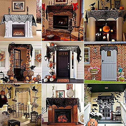 4 Pack Halloween Decorations Tablecloth Runner Black Lace Round Spider Cobweb Table Cover Fireplace Mantel Scarf Spiderweb with 60 Pcs 3D PVC Scary Black Bat Sticker Halloween Party Supplies (63 Count)