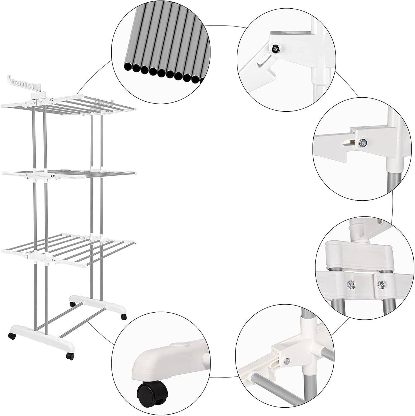 Bigzzia Clothes Drying Rack, Folding Stainless Steel Drying Rack Clothing Indoor Outdoor, Space-Saving, 4 Tier Laundry Drying Rack with Two Side Wings -Grey White - NestledHome