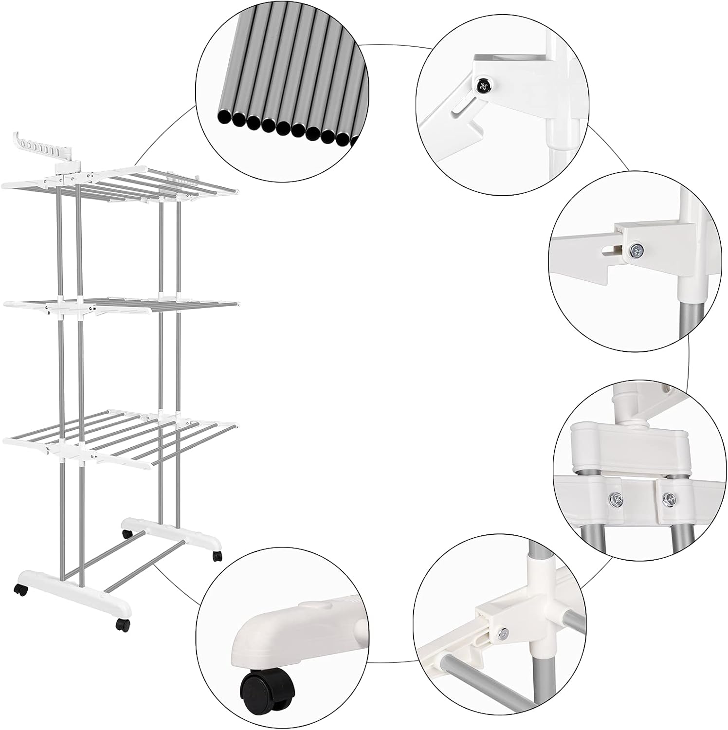 Bigzzia Clothes Drying Rack, Folding Stainless Steel Drying Rack Clothing Indoor Outdoor, Space-Saving, 4 Tier Laundry Drying Rack with Two Side Wings -Grey White - NestledHome