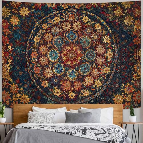 Boho Floral Mandala Tapestry Wall Hanging Vintage Bohemian Flower Medallion Tapestry Aesthetic Orange Stained Glass Hippie Large Tapestries for Bedroom Living Room Dorm Decor 80 x 60 Inch