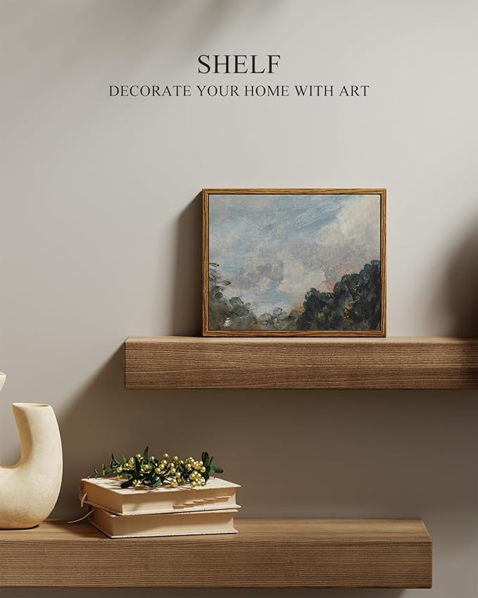 InSimSea Framed Canvas Print Art, Vintage Impressionist Landscape Painting, Rustic Farmhouse Cottage Decor for Hallway Wall Floating Shelf Desk Vanity Fireplace, 10x8in, Soft Blue Tones
