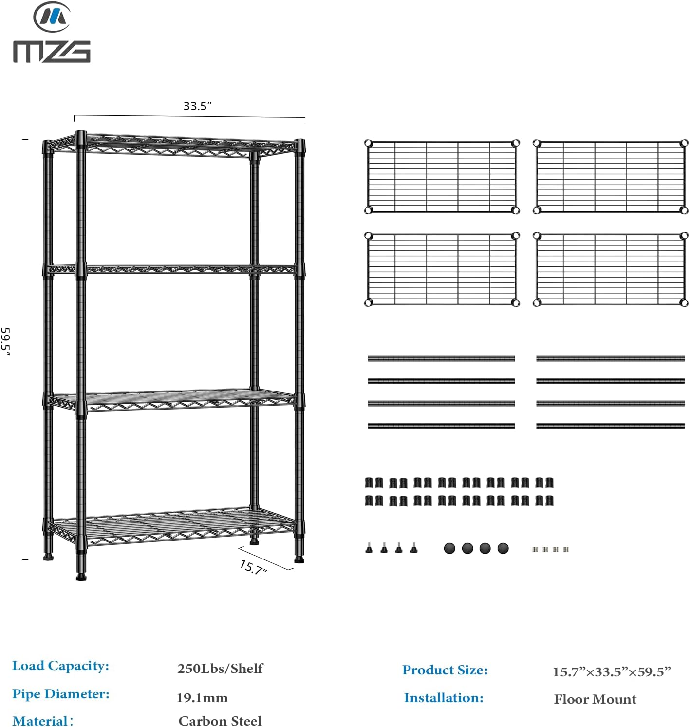 1000 lbs 4 Tier Shelf Metal Storage Shelves Shelving Wire Rack Heavy Duty Closet Organizers for Garage Kitchen Bathroom Laundry Black 15.7" D x 33.5" W x 59.5" H - NestledHome