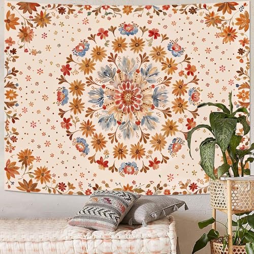 Boho Floral Mandala Tapestry Wall Hanging Watercolor Bohemian Flower Medallion Tapestry Aesthetic Beige Orange Hippie Indian Large Tapestries for Bedroom Living Room Dorm Decor 80 x 60 Inch