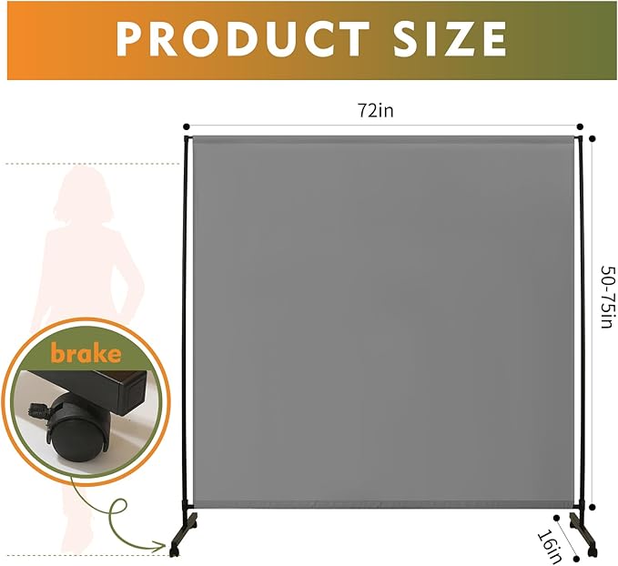 Room Divider Screen 72"x72" with Lockable Caster Wheels, Privacy Panel for Home, Office, or Classroom, Easy to Move and Secure with Brake,Height Adjustable (Gray, 72 X 72 Inches)