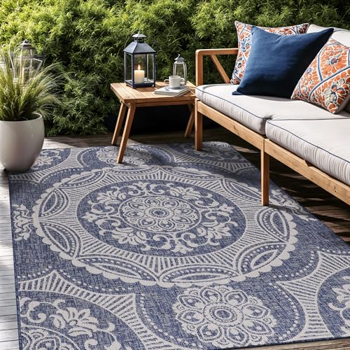 Medallion Outdoor Rug 10x14 Washable Outside Carpet for Indoor Patio Porch Waterproof Easy Cleaning Non Shedding Area Rugs Blue 10 x 14