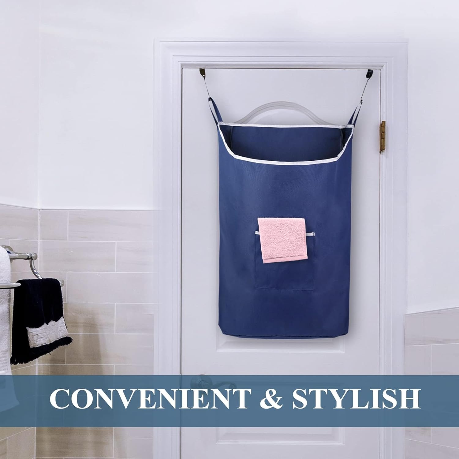 Fine Living Co. Large Hanging Laundry Hamper with Over Door Hooks & Adhesive, Durable Space Saving Laundry Bag with Zipper and Wide Open Top, Hanging Dorm Laundry Hamper (Navy Blue-XL) - NestledHome