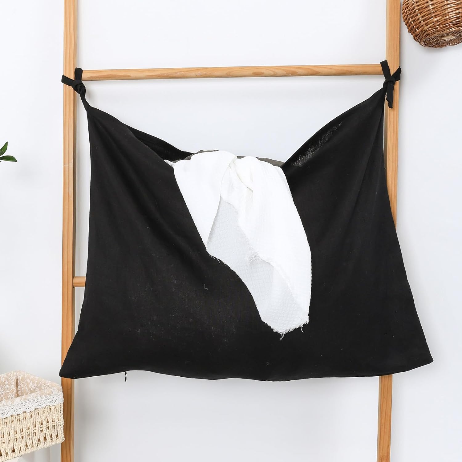 Hanging Linen Laundry Bag, 100% Pure Flax Linen Over The Door Hamper with Bottom Zipper for Laundry Room, Household Dirty Cloth Storage Organizer Bag, Black - NestledHome