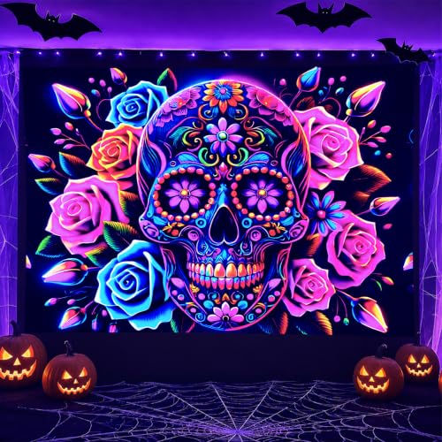Blacklight Tapestry Sugar Skull Wall Hanging 78 x 59 Inch