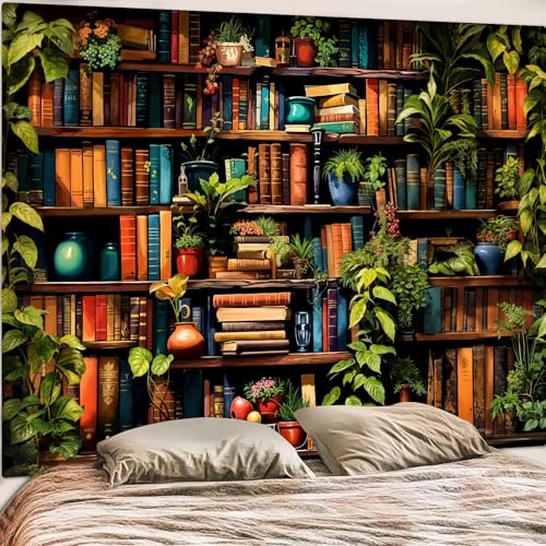 Botanical Bookshelf Tapestry Lush Green Plant Book Shelf Tapestries Wall Hanging Vintage Retro Potted Plants Academics Extra Large Library Tapestry for Bedroom Living Room Dorm 90 x 68 inch