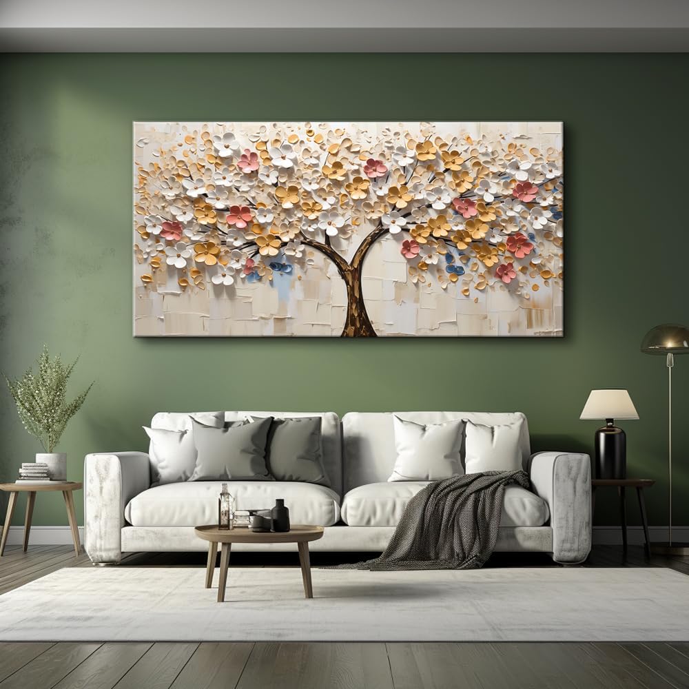 LASMOND White Spring Tree of Life Wall Art Office Decor Living Room Modern Painting Prints Pictures Abstract Floral Flower Nature Canvas Large Landscape Artwork (20x40 Inches)