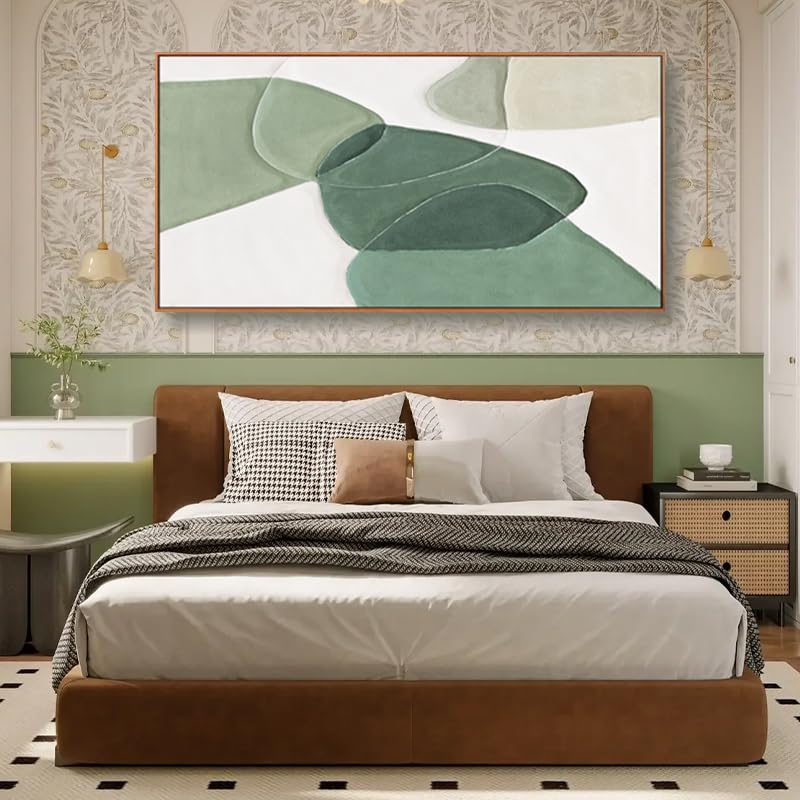 Abstract Canvas Wall Art Color Block Line Art Prints Green and white geometric color block line art Painting Framed Modern Artwork Decor for Living Room Bedroom Kitchen 24x48 inch