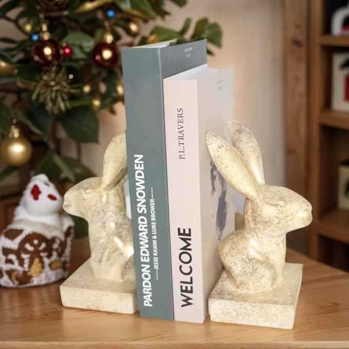 Rabbit Decorative Bookend,1 Pair Cute Bunny Book Ends, Decorative Bookends for Heavy Books, Vintage Shelf Decor,Antique Gold