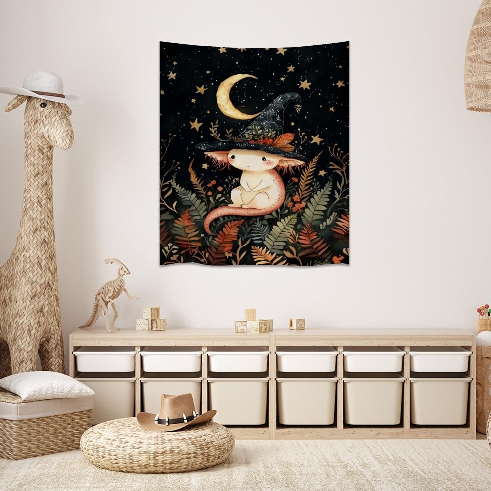 Whimsical Witch Tapestry Wall Hanging Decor Cute Axolotl Tapestry Magical Moon Animal Nursery Decoration Halloween Tapestries wall art for Home Kids Bedroom Living Room 30x40inch