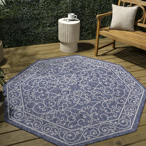 Vintage Filigree Indoor Outdoor Octagon Area Rug 5 Ft Navy