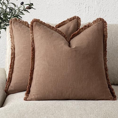Decorative Linen Fringe Throw Pillow Covers 18×18 Inch (2 Count)
