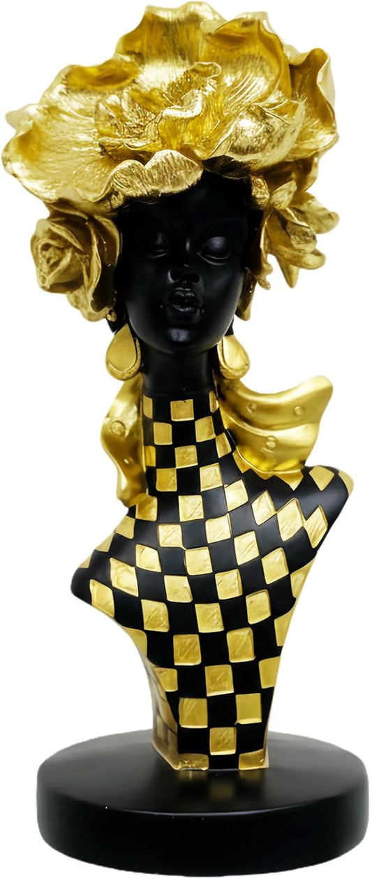 African Queen Sculpture Gold Flower Crown, Black and Gold Checkered Gift Statue, Luxury Art Figurine for Home Decor Shelf Table Display