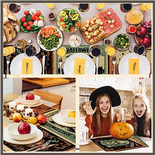 6 Pcs Halloween Placemats 12"x18" Gothic Bat Placemats Kitchen Decoration Washable Witch Place Mats Rectangle Skull Table Mats for Halloween Dining Table Accessories