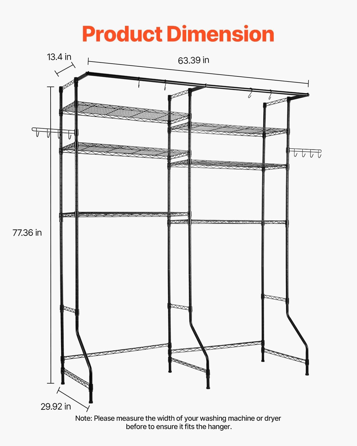 VEVOR Over The Washer and Dryer Storage Shelf, 6 Tier Laundry Room Drying Rack with Hanger Rod and Hooks, Adjustable Over Washer and Dryer Shelves, Laundry Room Shelf Storage Space Saver, Black - NestledHome