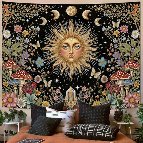 Boho Sun and Moon Tapestry Hippie Mushroom Floral Wall Tapestry for Bedroom Aesthetic Moon Phase Vintage Plant Celestial Large Tapestries Wall Hanging for Living Room Dorm 80 x 60 Inch