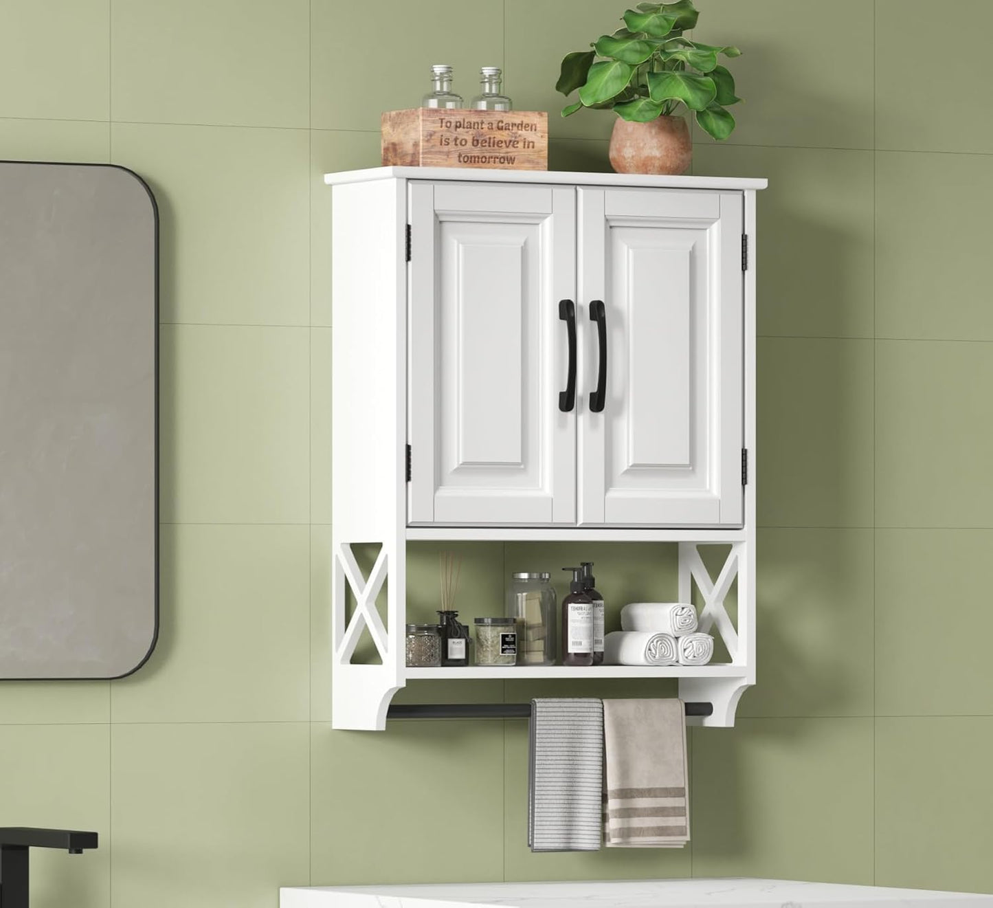 Bathroom Cabinet Wall Mounted, White Bathroom Wall Cabinets with Towel Bar and 2 Doors, Wooden Medicine Cabinet with Adjustable Shelf, Open Storage - NestledHome