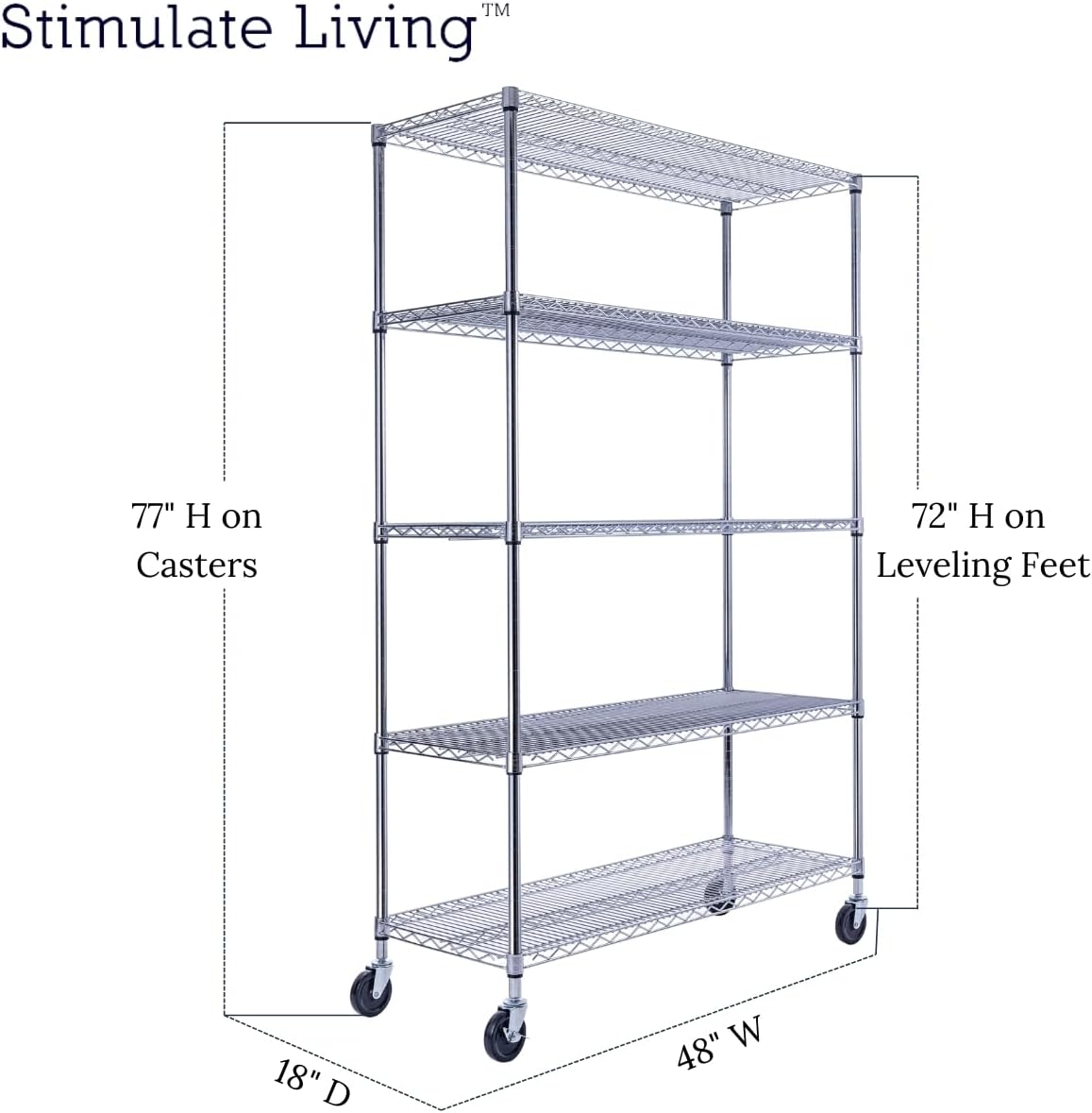 48"x18"x72" PRIME HEAVY DUTY Chrome 5-Tier Wire Shelving NSF 4000 LBS MAX Capacity Storage Rack for Commercial, School, Home, Garage, Warehouse, Industrial, and Hospital Uses (with Wheels) - NestledHome