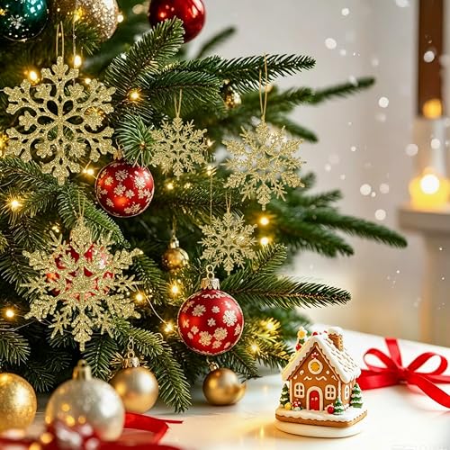 60pcs Christmas Gold Snowflake Ornaments Plastic Glitter Snow Flakes Ornaments for Winter Christmas Tree Decorations Size Varies Craft Snowflakes (60 Count)
