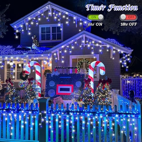 Blue and White Icicle Lights for Outside (66 Foot)