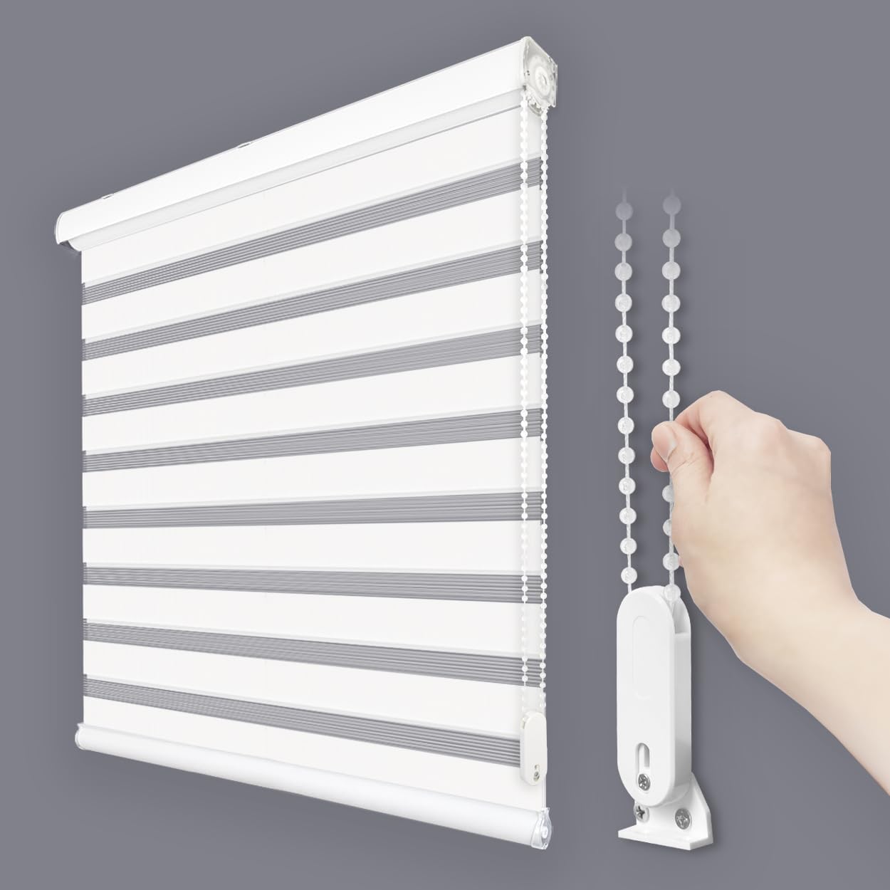 Foiresoft Standard Zebra Roller Blinds for Windows [W45 x H64 Inch, White, Basic], Light Filtering Dual Layer Shades for Bedroom, Living Room, Office, 13 Colors