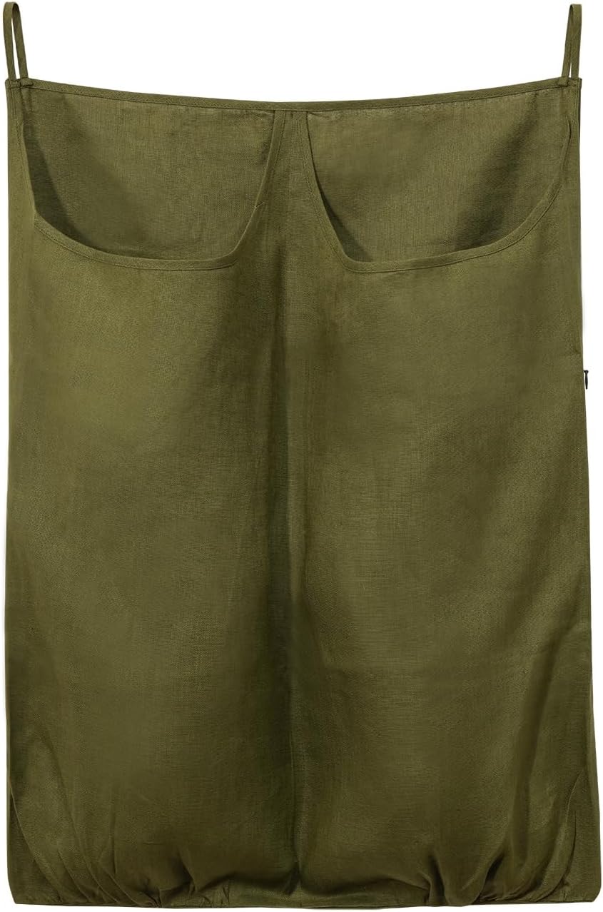 100% Pure Linen Dual Hanging Laundry Bag with 2 Deep Pocket and 2 Side Zipper 20x27in, Over The Door Laundry Hamper Space Saving Hampers for Dirty Clothes Home Travel, Green - NestledHome