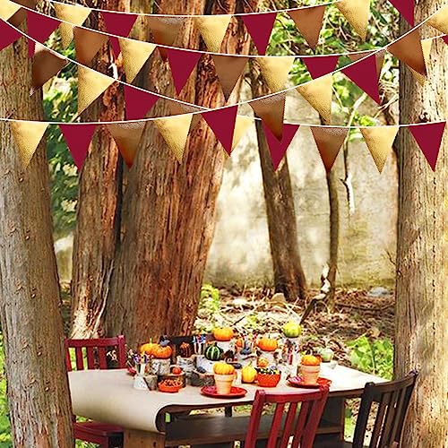 Fall Party Decorations Maroon Gold Brown Metallic Fabric Triangle Pennant Banner Burgundy Flag Bunting Garland for Autumn Thanksgiving Wedding Birthday Bridal Shower Engagement Graduation Garnet Party (36 Count)