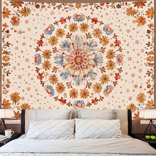 Boho Floral Mandala Tapestry Wall Hanging Watercolor Bohemian Flower Medallion Tapestry Aesthetic Beige Orange Hippie Indian Large Tapestries for Bedroom Living Room Dorm Decor 80 x 60 Inch