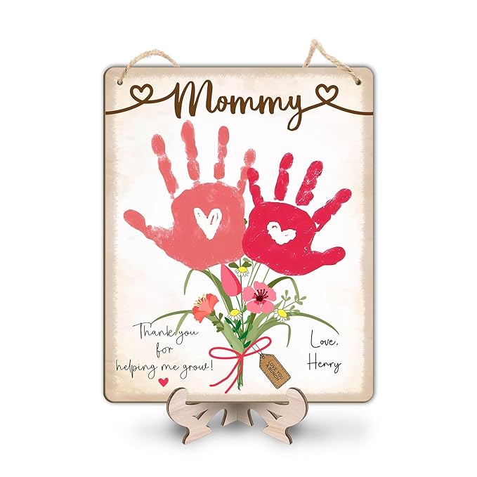 DIY Baby's First Mothers Day Handprint Flowers Hanging Sign, Pink Floral Bouquet for Mom Mommy with Kids Handprint Art Craft Keepsake Mothers Day Birthday Gifts for Mothers, Thanks for Helping Me Grow