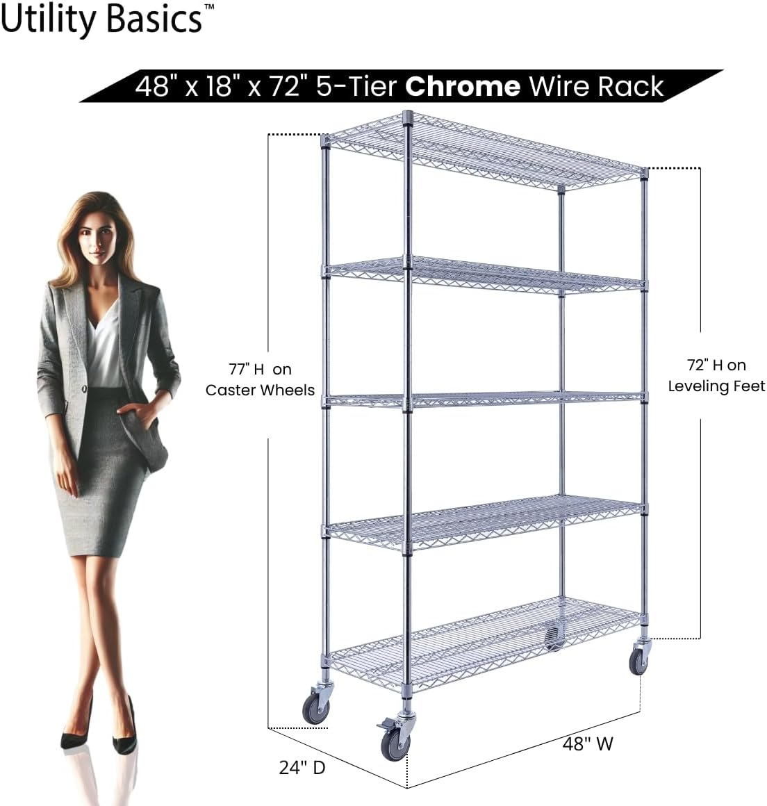 48"x18"x72" Chrome 5-Tier PREMIUM Wire Shelving NSF 4000 LBS MAX CAPACITY Heavy Duty Steel Storage Rack for Warehouses, Garages, Hospitals, Commercial Spaces, & Schools w/PREMIUM WHEELS - NestledHome