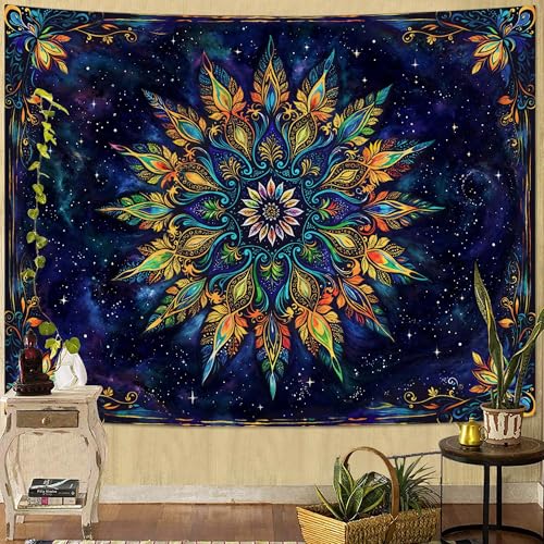 Boho Floral Mandala Tapestry for Bedroom Aesthetic Blue Bohemian Colorful Flower Wall Tapestry Purple Hippie Indian Large Tapestries Wall Hanging for Living Room Dorm Decor 80 x 60 Inch