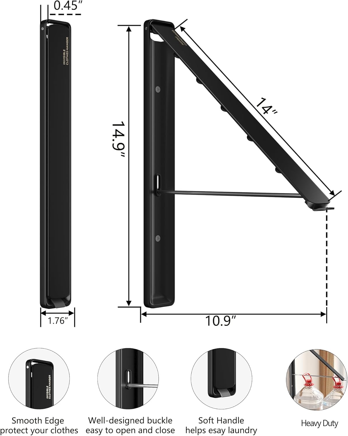 Dr.DJ Clothes Drying Rack Wall Mounted, Retractable & Foldable Clothes Hanger for Laundry Room Organization and Storage, Clothes Hanger Rack for Dorm, Closet, Balcony, Laundry Room(1P, Metal, Black) - NestledHome