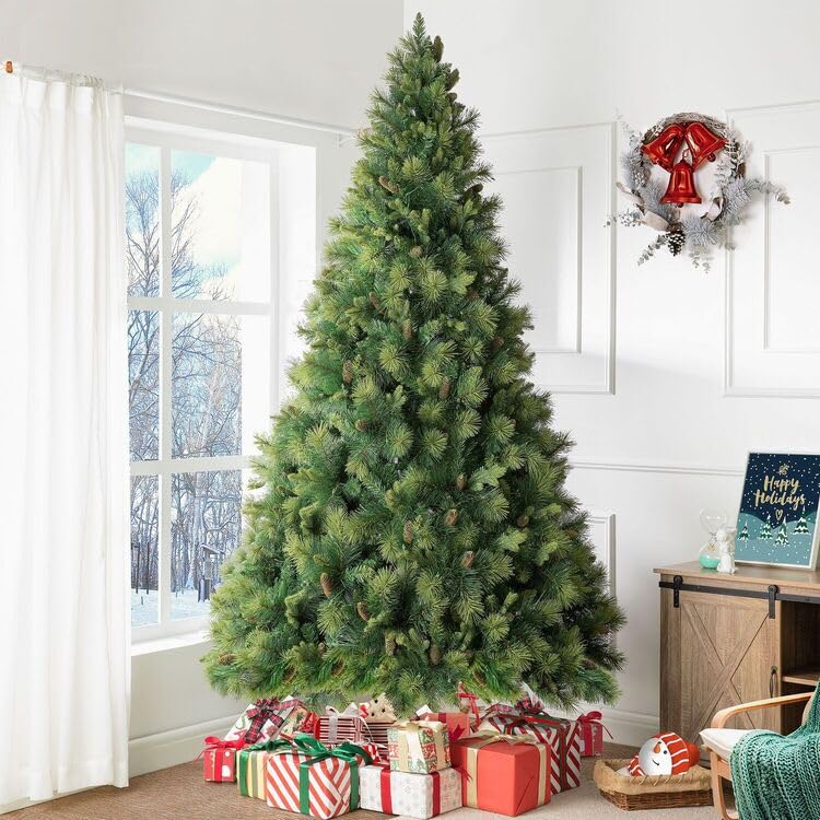 9ft Christmas Tree with Lights Realistic Traditional Christmas Tree Prelit with Pine Cones Foot Pedal 2294 Branch Tips 1050 Warm Lights and Metal Stand Aritificial