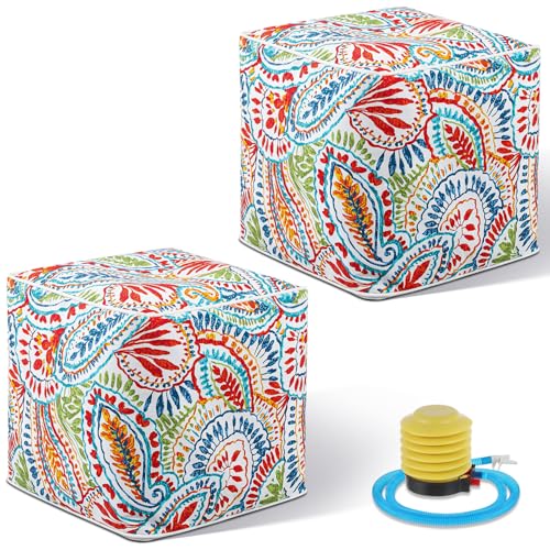 2 Pack Inflatable Outdoor Ottoman Pouf Waterproof Cube 16" Square Blow up Ottoman Footrest with Handle Outdoor Portable Footstool for Patio Garden Camping or Home Pool