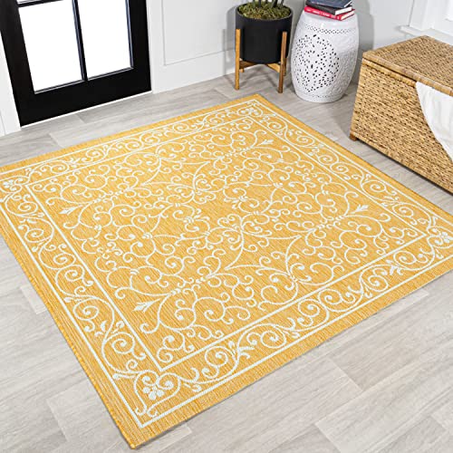 Vintage Filigree Indoor Outdoor Square Area Rug 5X5 Yellow