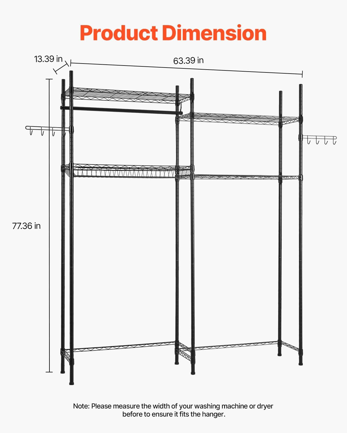 VEVOR Over The Washer and Dryer Storage Shelf, 4 Tier Laundry Room Drying Rack with Hanger Rod and Hooks, Adjustable Over Washer and Dryer Shelves, Laundry Room Shelf Storage Space Saver, Black - NestledHome