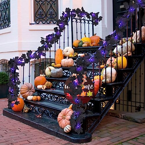 Black Halloween Maple Leaf Garland with Purple Light (2 Count)